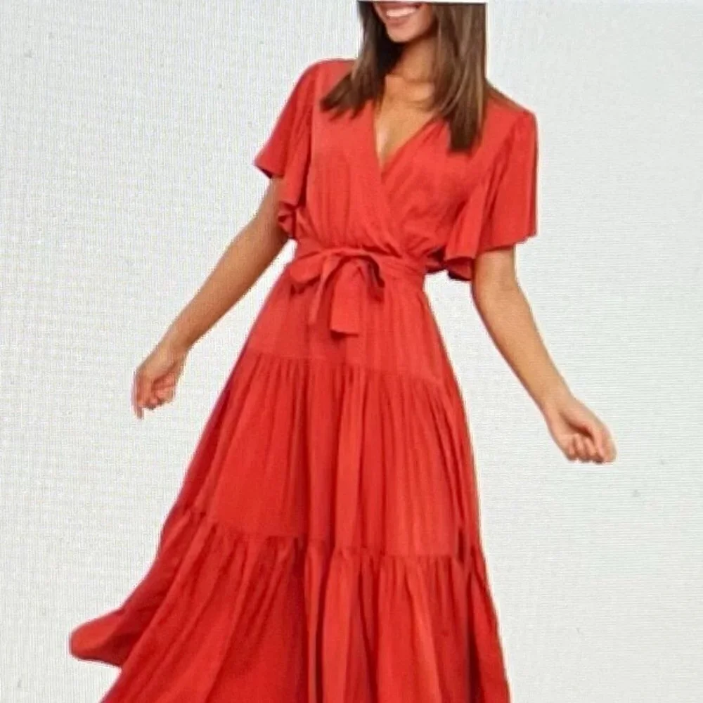 Orniya Women's Belted Surplice Flutter Sleeve Maxi Dress in Size 8 in Orange - Picture 1 of 8